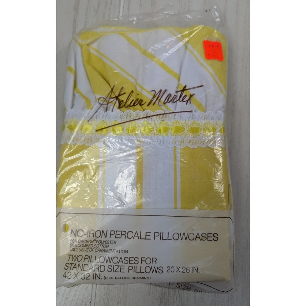 Atelier Martex 2 Standard Pillowcases Yellow White Striped Percale vintage lace